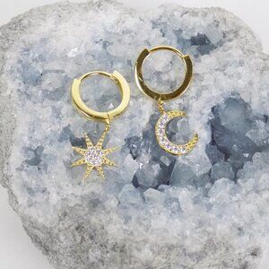 new in box! starburst sun crescent moon charm huggie earrings